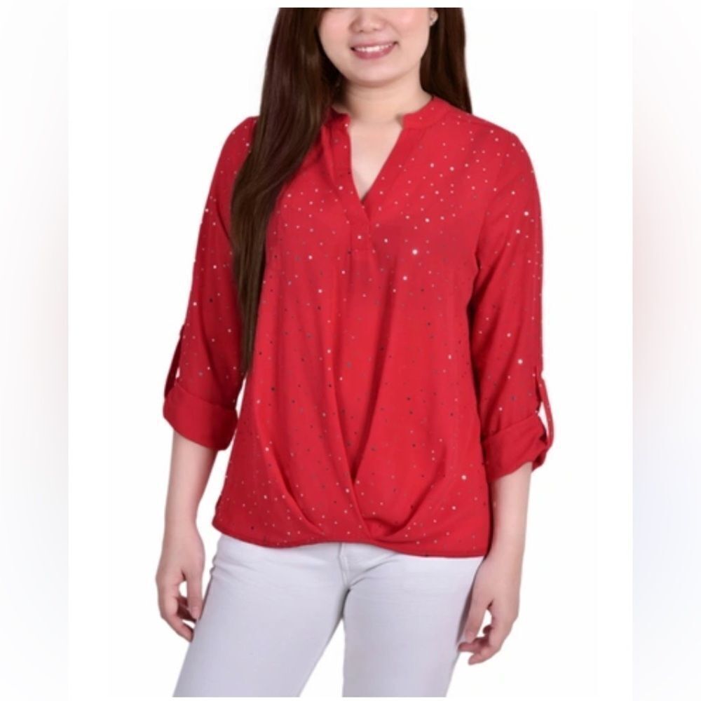 Take 50% OFF- NY Collection Red Glitters Graphic Blouse, Size-M
